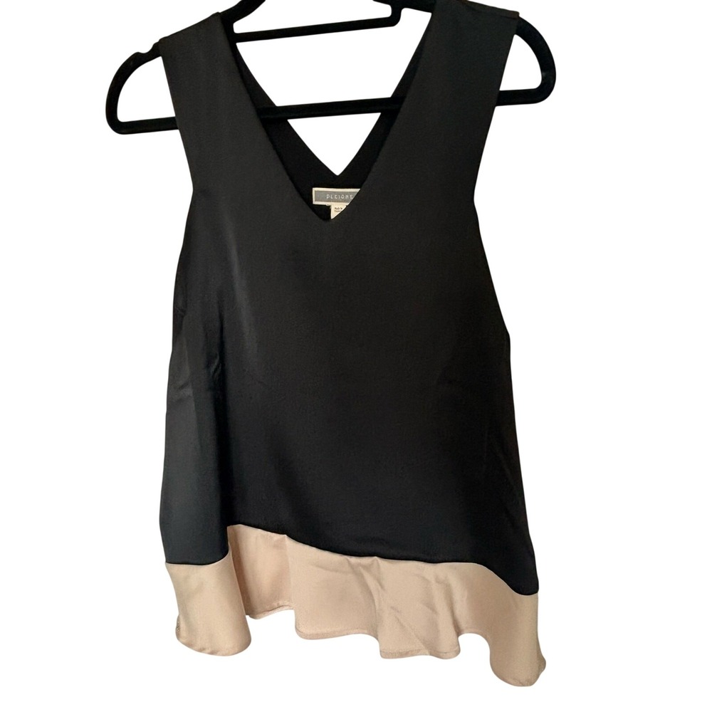 Pleione Womens V-Neck Colorblock Ruffle Hem Sleeveless Blouse Black Beige Large